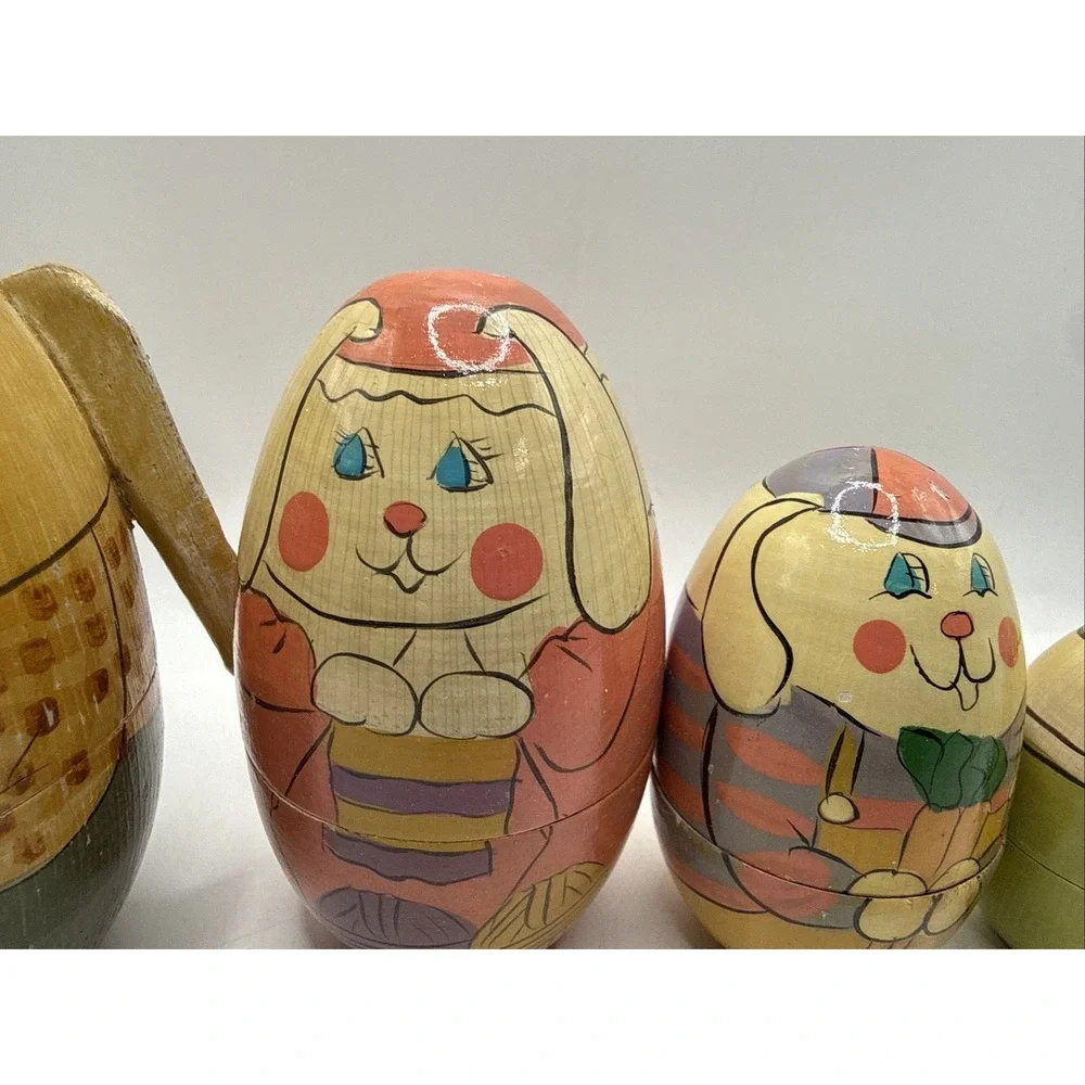 VTG Bunny Rabbit Russian Nesting Dolls Set of 5 Hand Painted Wooden Easter 5